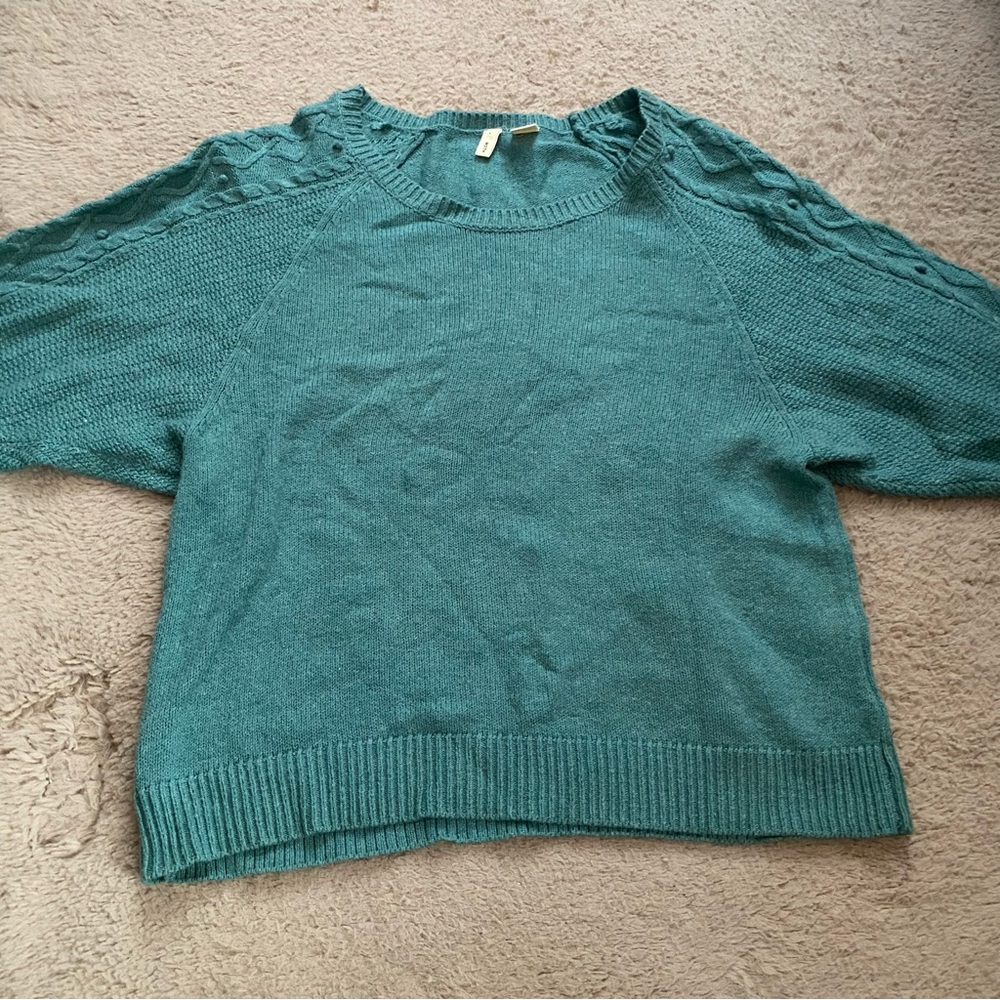 Anthropologie Moth Icehouse Pullover Sweater Dolman Cable Pom Pom Teal Green S